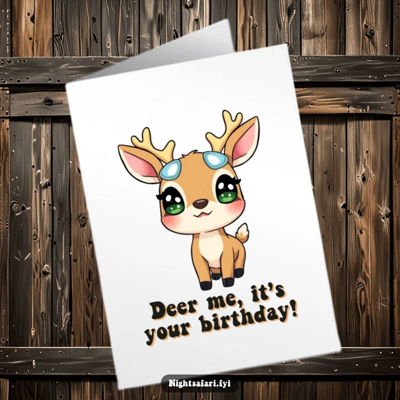 Funny Free Printable Birthday Card: A surprised deer wearing glowing eyes, looking up in shock.