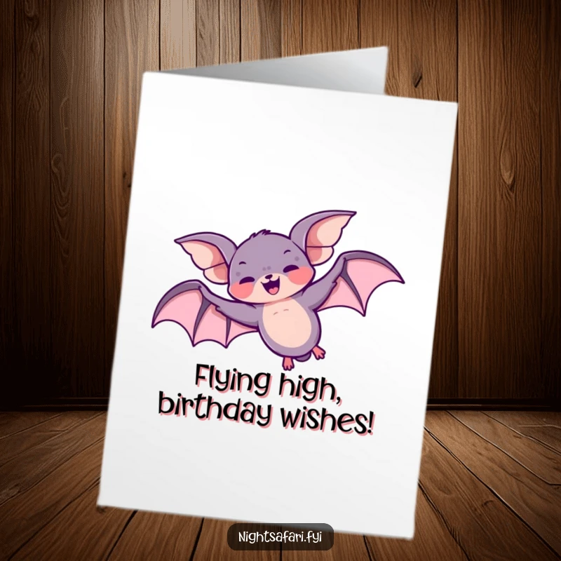 Funny Free Printable Birthday Card: A giggling bat zooms overhead in a loop with a playful expression, ready to celebrate.