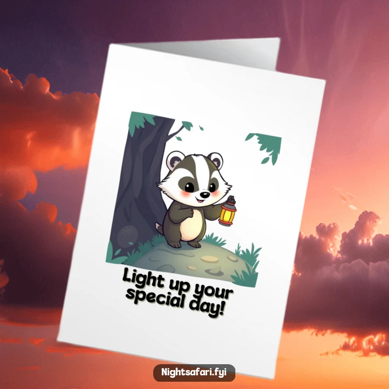 Funny Free Printable Badger Birthday Card: A happy badger with a lantern exploring a dark path, perfect for a downloadable adventurous wish.