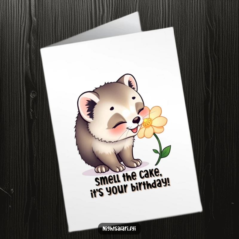 Funny Free Printable Birthday Card: A happy civet cat with wide, joyful eyes deeply sniffs a beautifully glowing, magical flower.