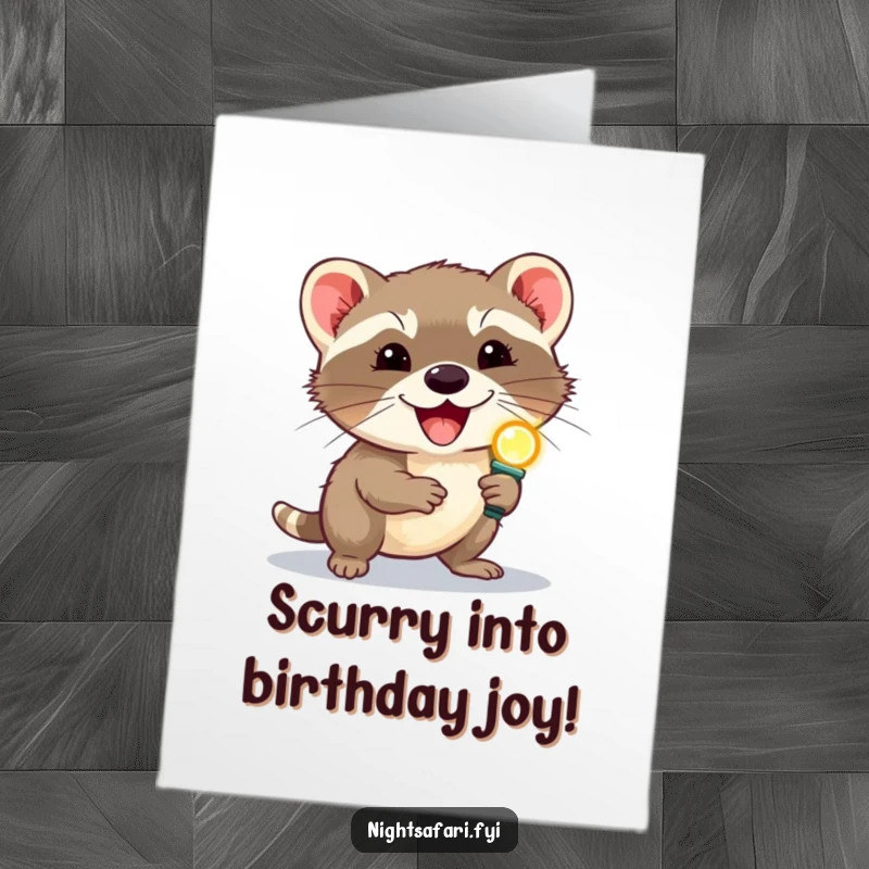 Funny Free Printable Birthday Card: A delighted civet wearing a headlamp, scurrying with joy, ideal for a unique, humorous greeting.