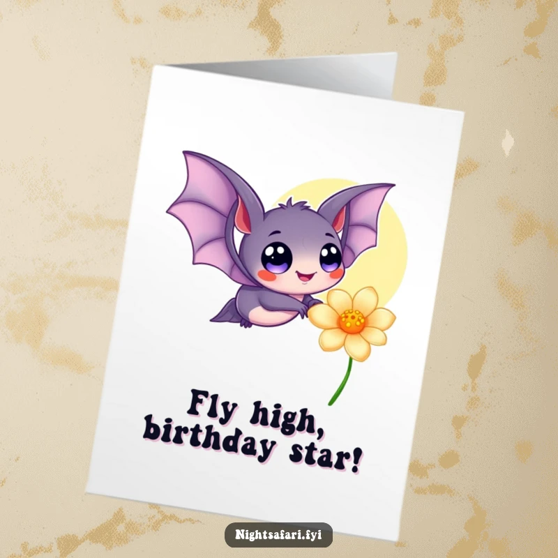 Funny Free Printable Birthday Card featuring a delighted bat with enormous eyes, joyfully approaching a radiant flower.
