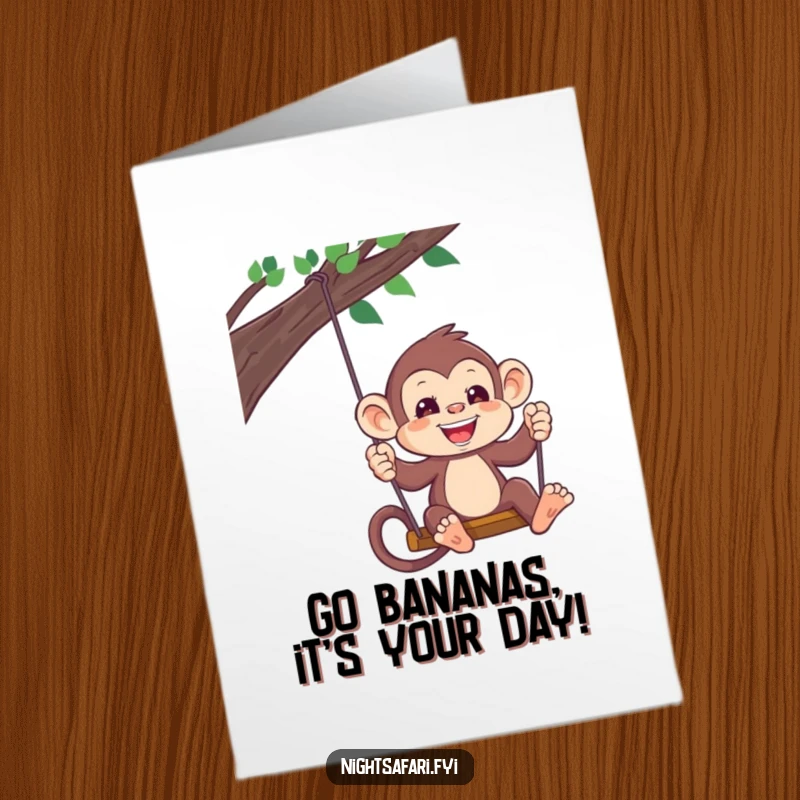 Funny Free Printable Birthday Card: A playful monkey wearing a headlamp, swinging with excitement for a birthday.