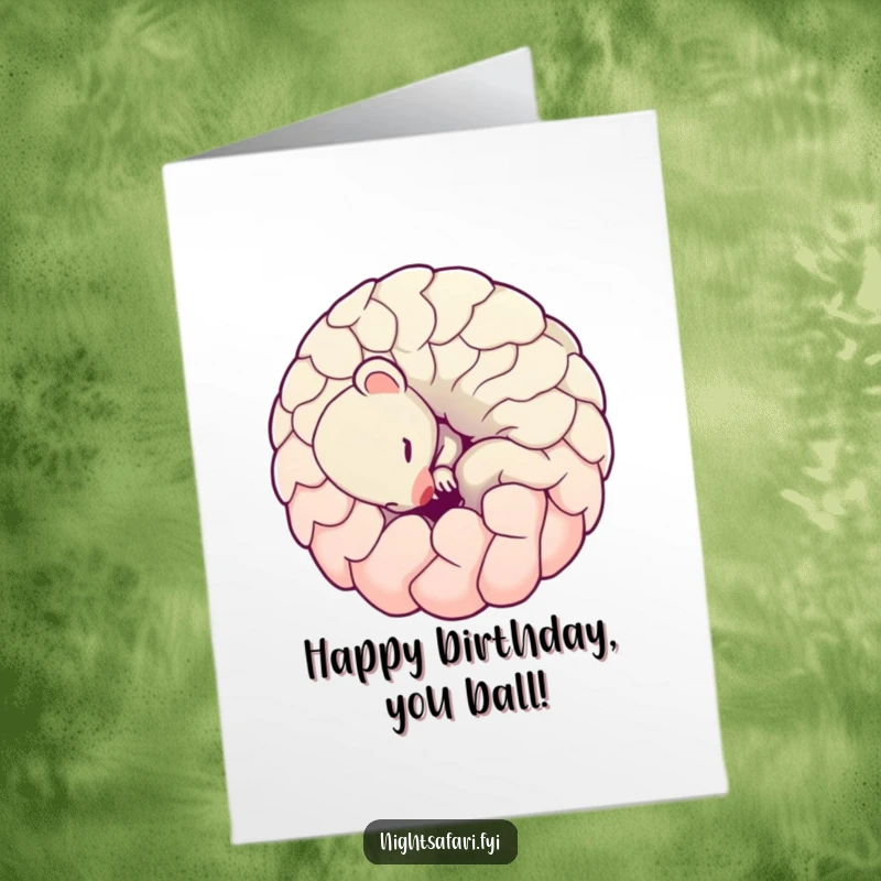 Funny Free Printable Birthday Card: Shy pangolin curled into a playful ball, peeking out. Adorable downloadable birthday art.