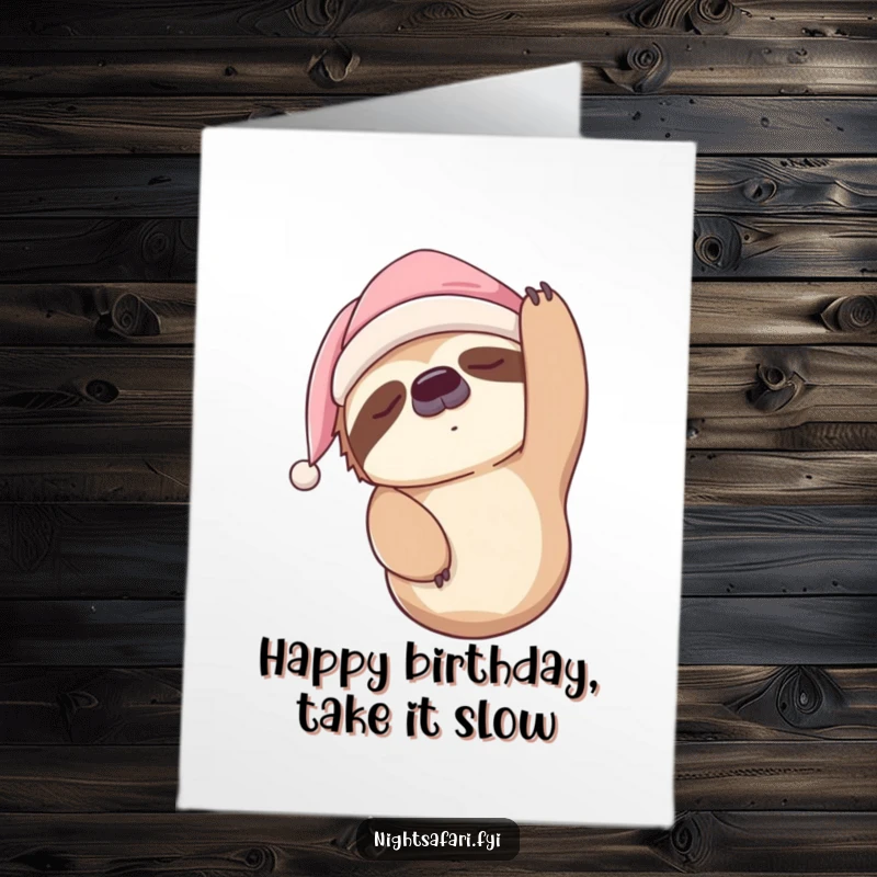 Funny Free Printable Birthday Card: A sleepy sloth in a nightcap hangs upside down, wishing a slow and happy birthday.