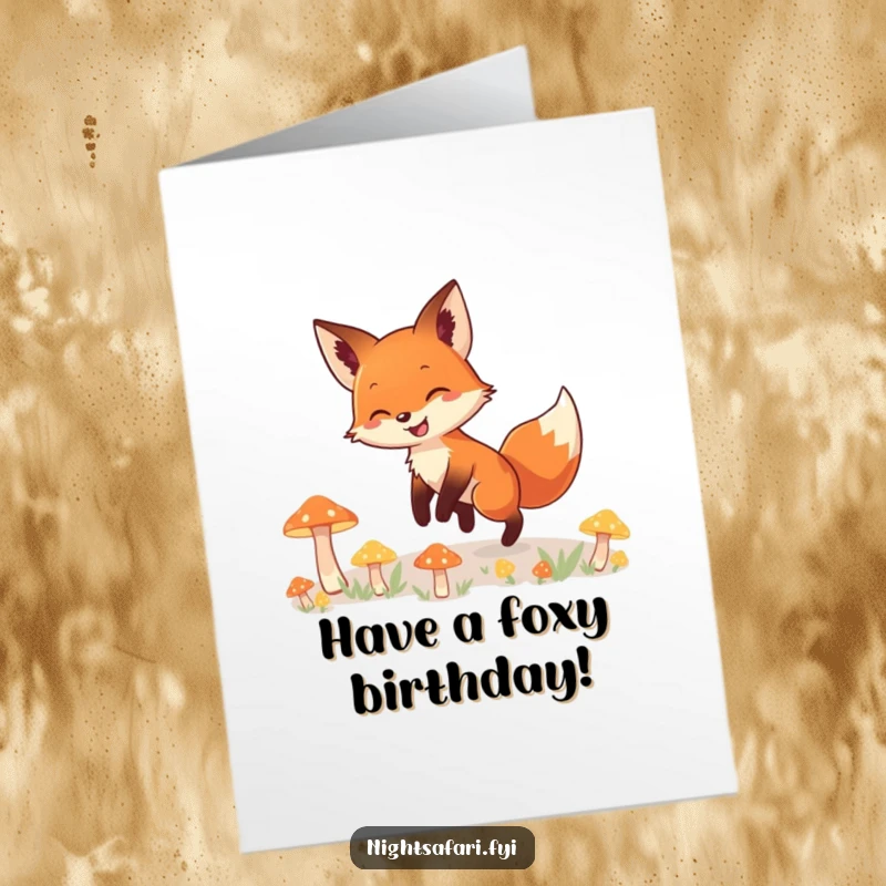 Funny Free Printable Birthday Card: A fox with a huge smile tiptoes through luminous mushrooms.
