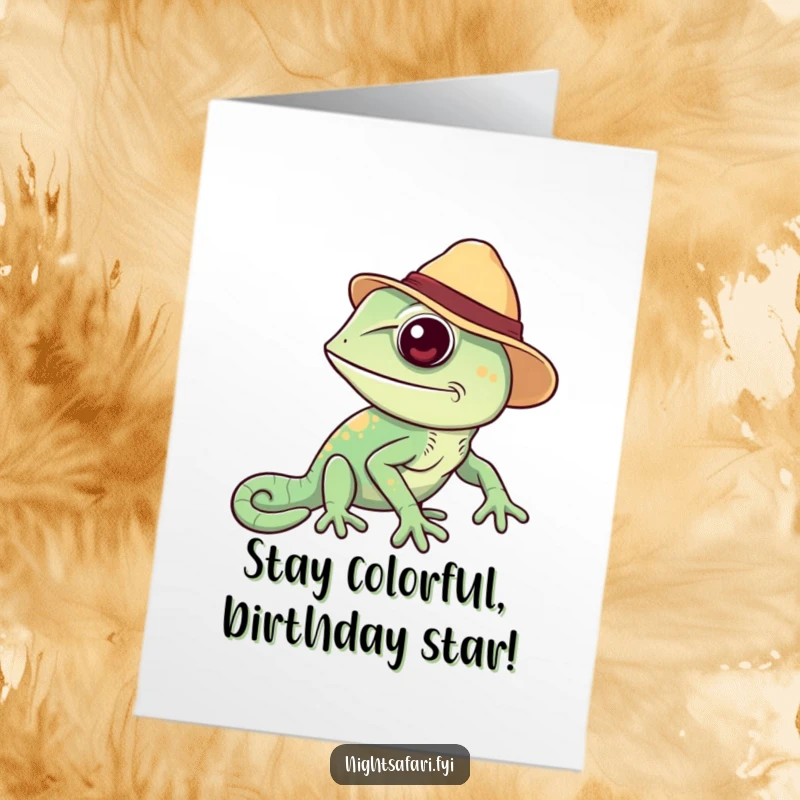Funny Free Printable Birthday Card: Cheerful chameleon in safari hat changing colors, ready to bring birthday cheer.