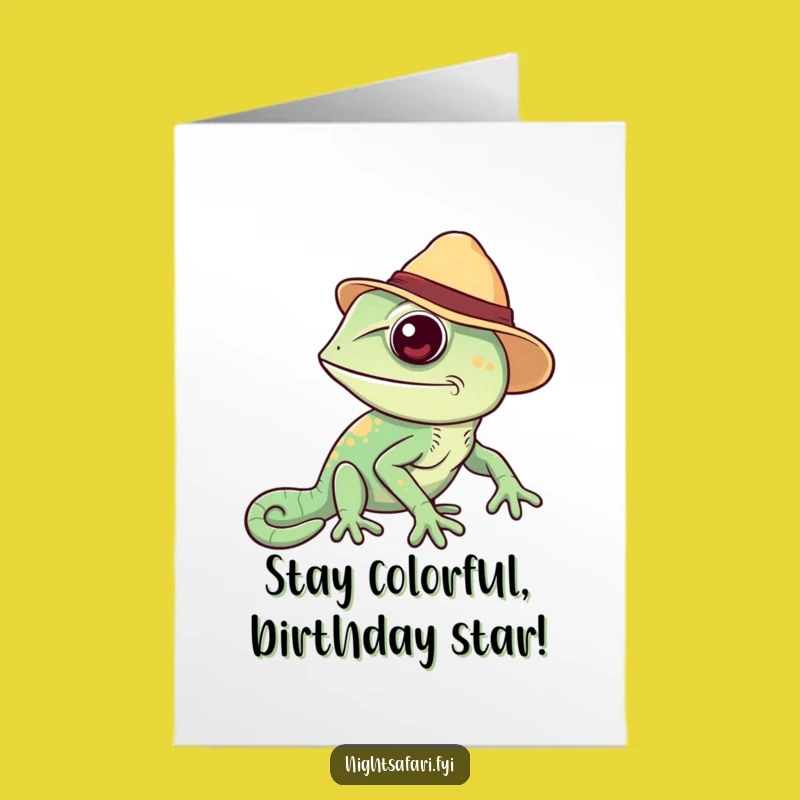 Free Printable Funny Birthday Card: Cheerful Chameleon Safari Hat - Downloadable Gift