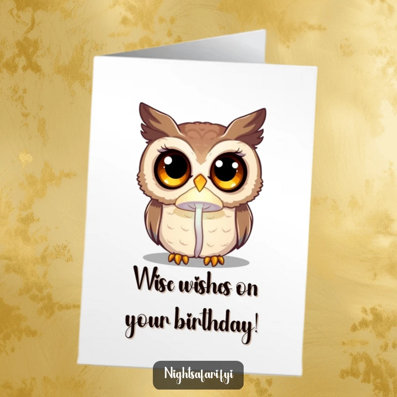 Funny free printable birthday card of a curious owl with huge eyes, illuminated by a mystical glowing mushroom.