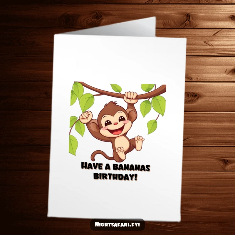 Funny Free Printable Birthday Card: Delighted monkey swinging from a vine with a smile, ideal for a downloadable DIY gift.