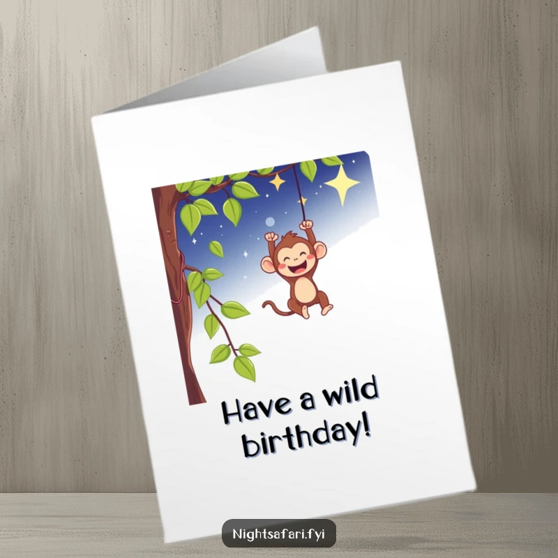 Funny Free Printable Birthday Card: Playful monkey swings gleefully from a vine under a magical starry sky, full of fun.