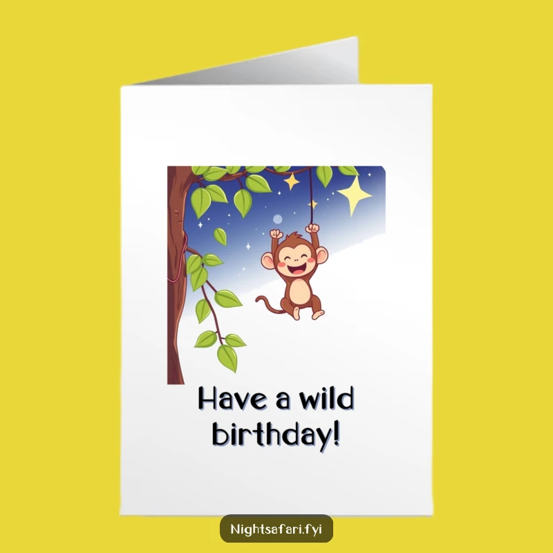 Funny Free Printable Birthday Card: Monkey Swinging Starry Sky - Downloadable Joy