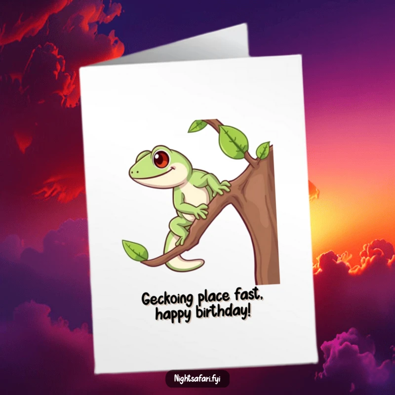 Funny Free Printable Gecko Birthday Card: Cheerful gecko energetically climbing a branch, ready to deliver birthday wishes.