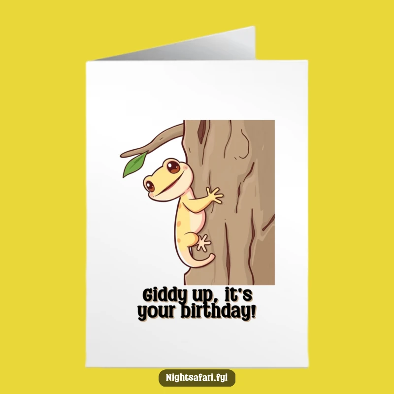 Free Printable Funny Birthday Card: Giggling Gecko Climbing - Downloadable Gift