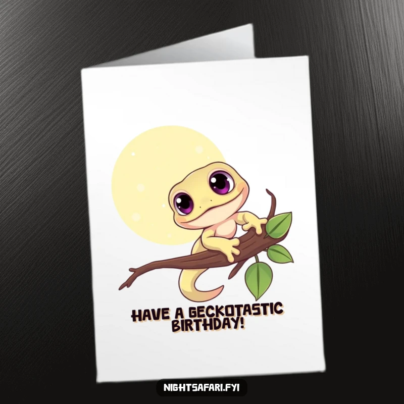 Funny Free Printable Happy Birthday card with a cute gecko with big eyes clinging to a moonlit branch, offering sweet wishes.