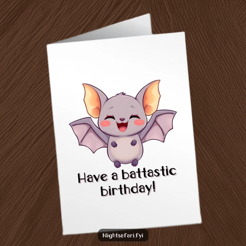 Funny Free Printable Birthday Card: A delighted bat with tiny glowing wings doing a joyful flutter for a birthday.