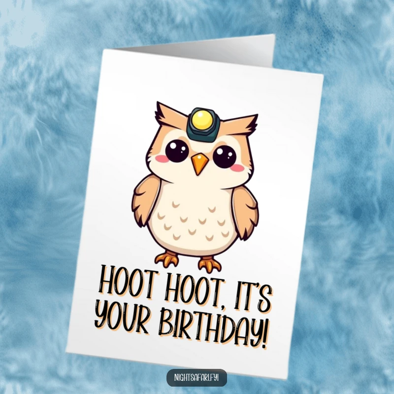 Funny Free Printable Birthday Card: A delighted owl wearing a headlamp hoots joyfully, ready for a celebration.