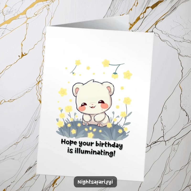 Funny Free Printable Birthday Card: A giggling shy creature hiding amongst glowing fireflies, celebrating a birthday.