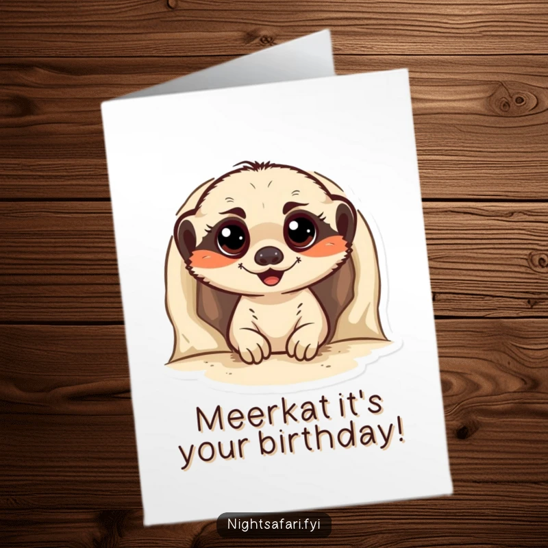 Funny Free Printable Birthday Card: Cheerful meerkat peeking from burrow, wide eyes, ready for birthday fun. Downloadable greeting.