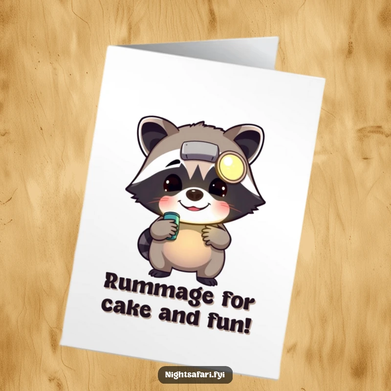 Funny Free Printable Birthday Card: A cheerful raccoon wearing a headlamp, rummaging enthusiastically, ideal for a humorous greeting.