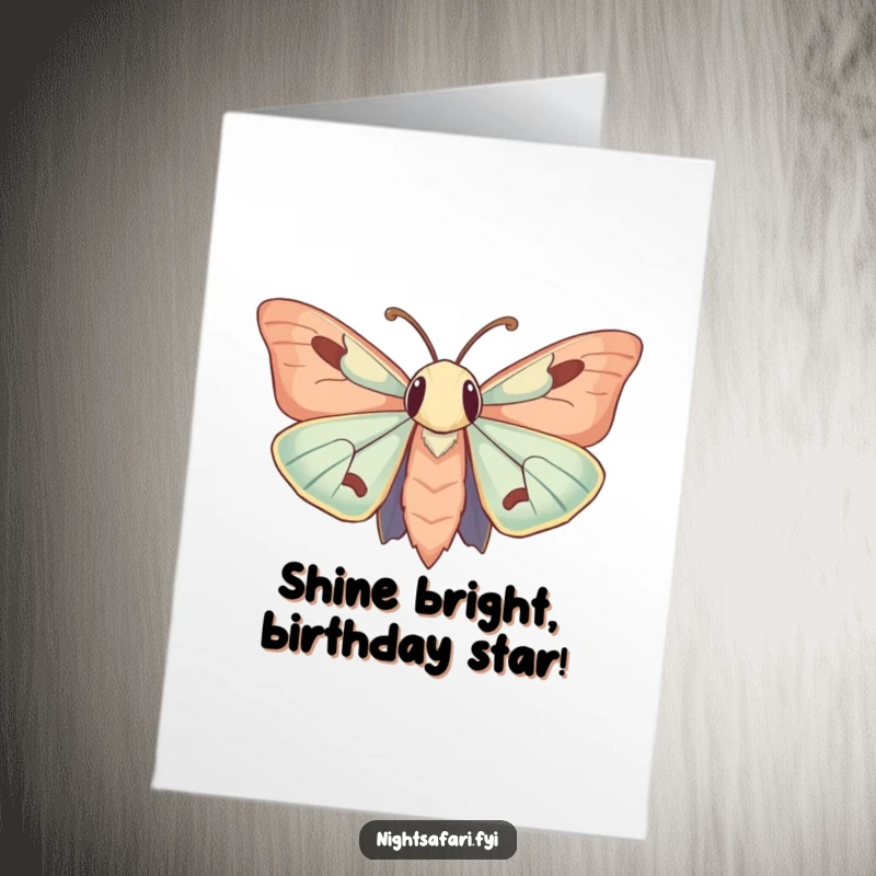 Funny Free Printable Birthday Card: Curious moth with big antennae reaching for a soft light source.