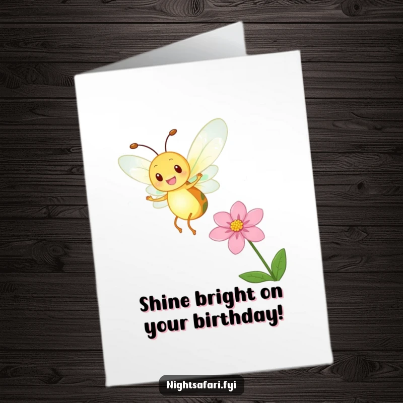 Funny Free Printable Birthday Card: A delighted firefly with a glowing body dances joyfully near a flower, celebrating.