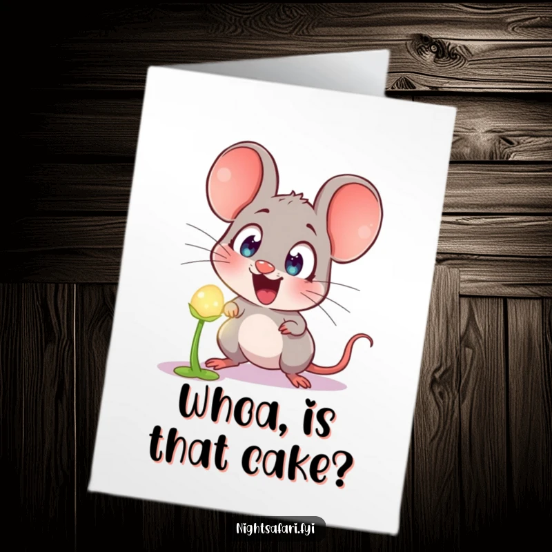 Funny Free Printable Birthday Card: Wide-eyed mouse amazed by a glowing plant, perfect for a humorous greeting.