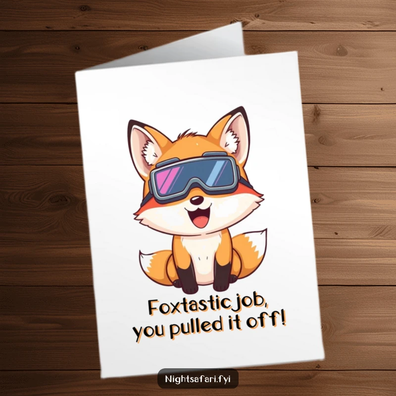 Funny Free Printable Congratulations Card: A giggling fox wearing night vision goggles, peeking to celebrate.
