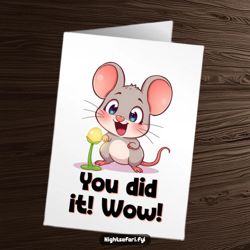 Funny Free Printable Congrats Card: Astonished mouse discovering a glowing plant, celebrating success with humor.