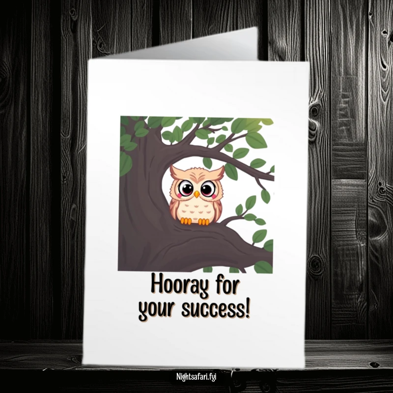 Free Printable Congrats Card: Curious owl with wide eyes peers from a shadowy tree branch, observing their victory.