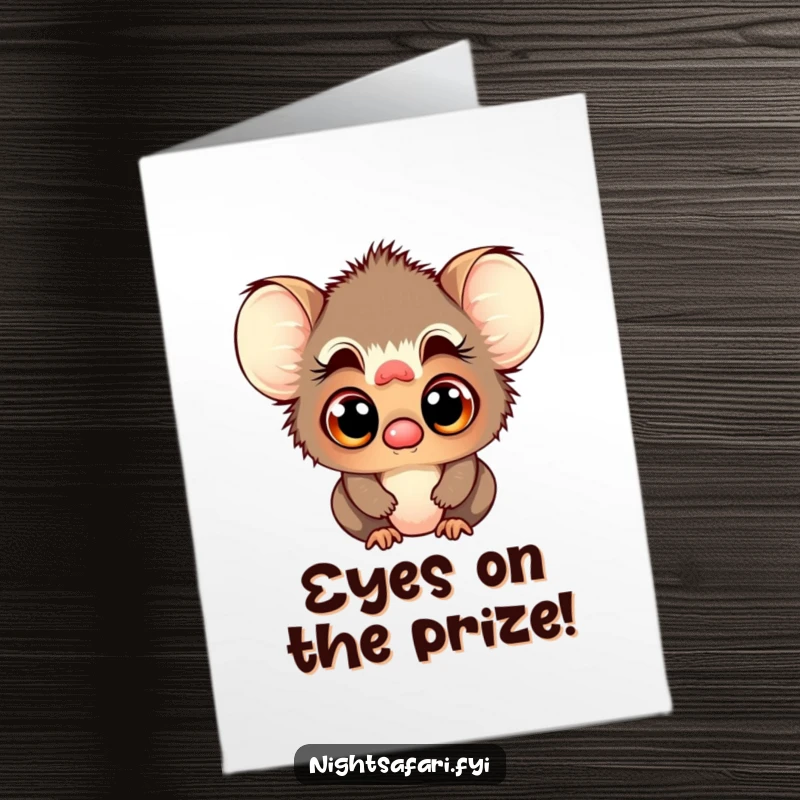Funny Free Printable Congratulations Card: Playful tarsier character with large, curious eyes looking on at a celebration.