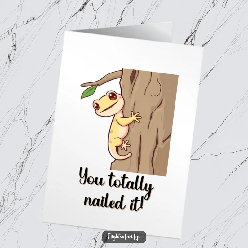 Funny Free Printable Congratulations Card: A giggling gecko with a long tail scaling new heights with enthusiasm.
