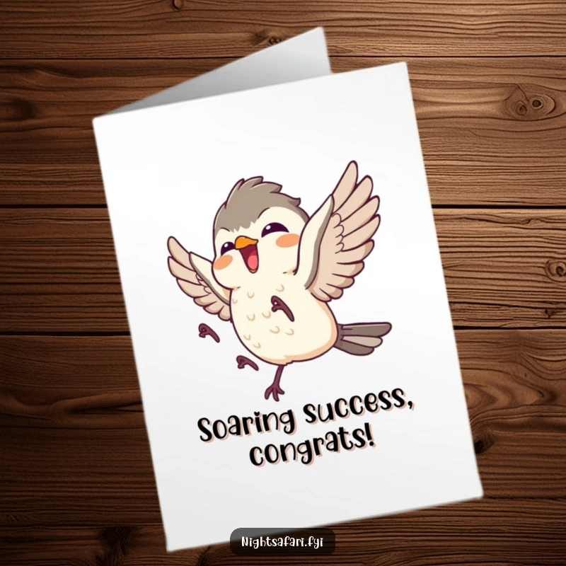 Funny Free Printable Congratulations Card: Giggling nightjar character joyfully taking flight, celebrating a special achievement.
