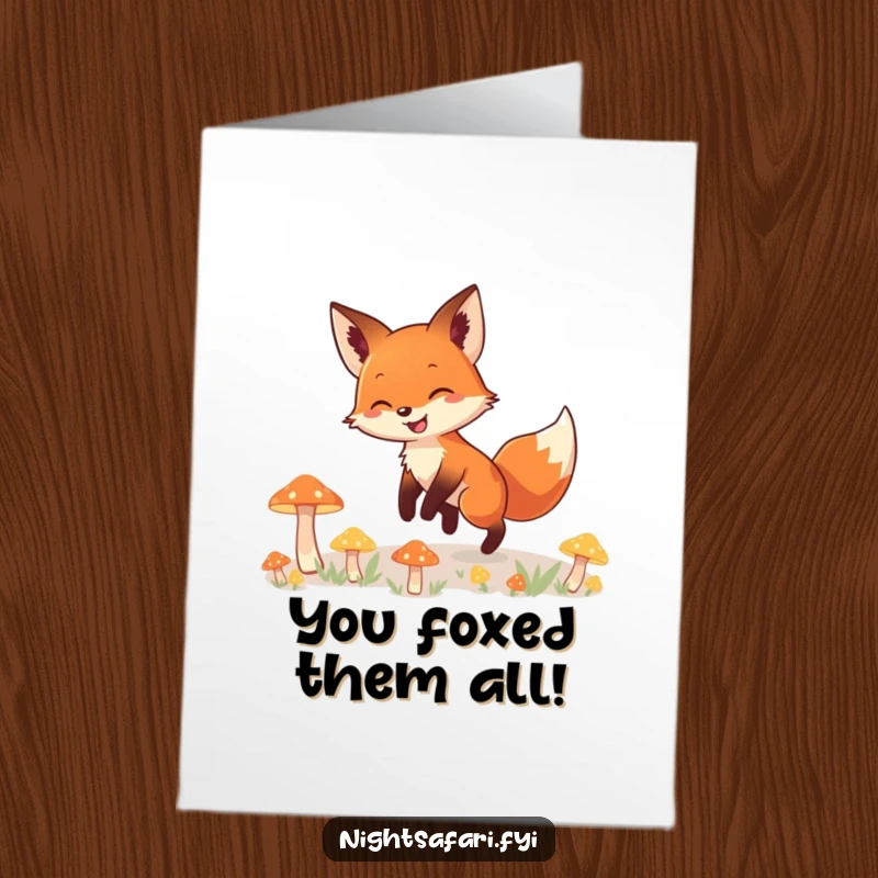 Funny Free Printable Congratulations Card: A smiling fox gleefully ventures through glowing mushrooms.