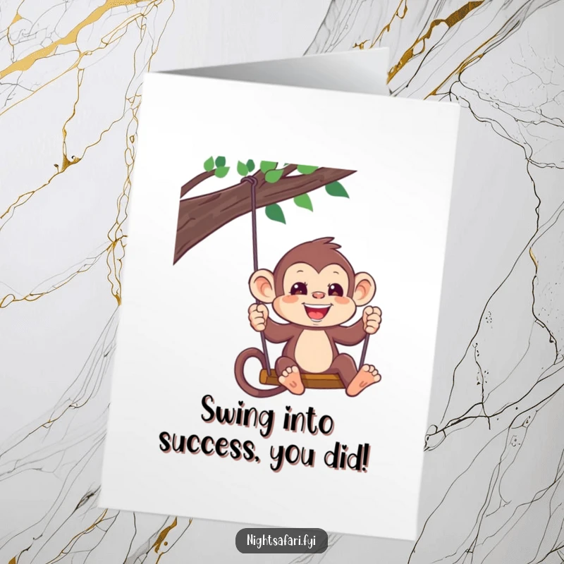 Funny Free Printable Congratulations Card: A playful monkey with a headlamp, swinging to celebrate achievements.