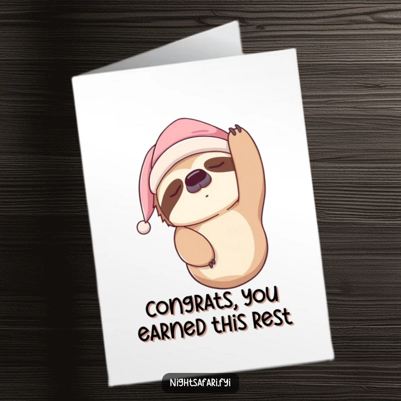 Funny Free Printable Congratulations Card: A sleepy sloth in a nightcap hangs upside down, celebrating your accomplishment.