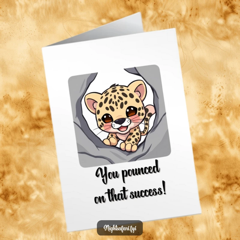 Funny Free Printable Congrats Card: A smiling leopard stalks from the shadows, celebrating a successful achievement.