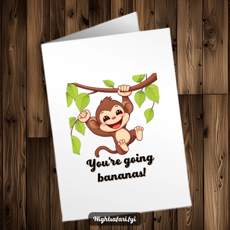 Funny Free Printable Congratulations Card: Delighted monkey swinging from a vine with a smile, perfect for a downloadable DIY gift.