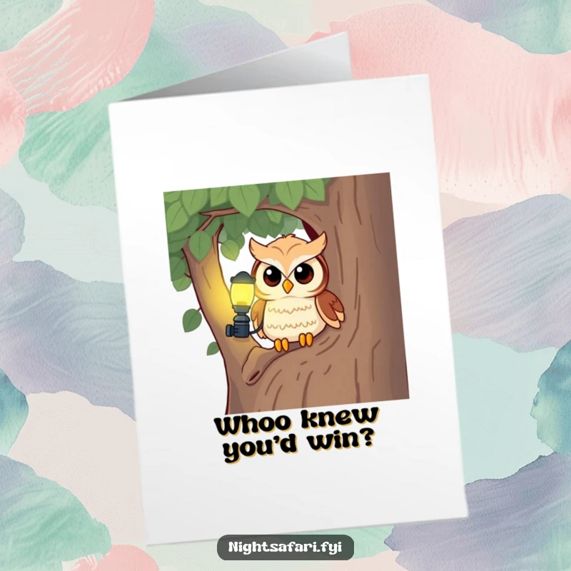 Funny Free Printable Owl Congratulations Card: A cute owl with a headlamp, peeking curiously from a tree, celebrating downloadable achievements.