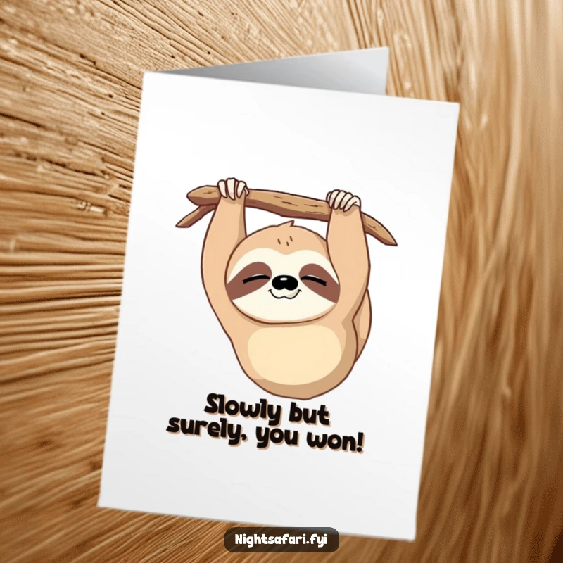 Funny Free Printable Congratulations Card: A sleepy sloth hangs upside down and gives a slow wink of congrats.