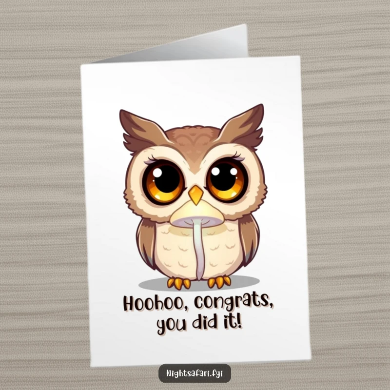 Funny free printable congratulations card showing a curious owl captivated by a faint glowing mushroom, symbolizing discovery.