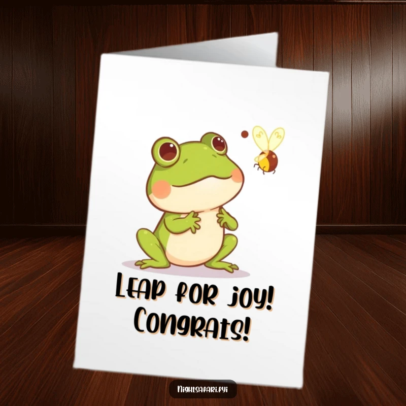 Funny Free Printable Congratulations Card: A startled frog leaps as a glowing firefly zips by, celebrating your success.