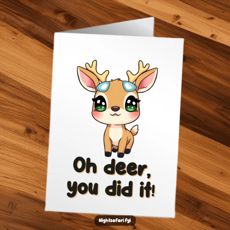 Funny Free Printable Congratulations Card: A surprised deer wearing glowing eyes, looking up in wonder.
