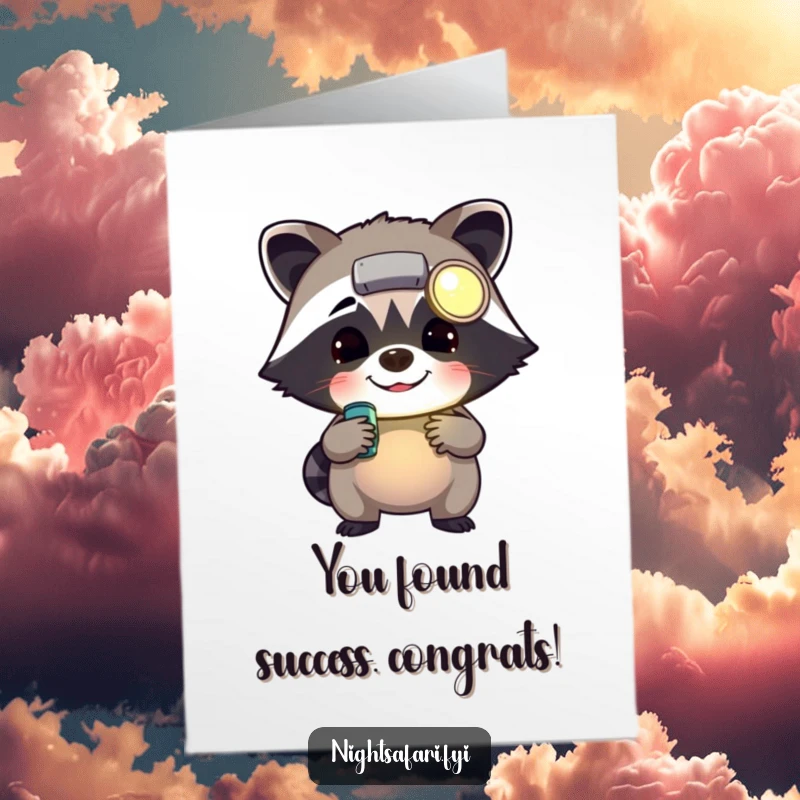 Free Printable Congratulations Card: A cheerful raccoon with a headlamp, rummaging in celebration, a funny way to acknowledge success.