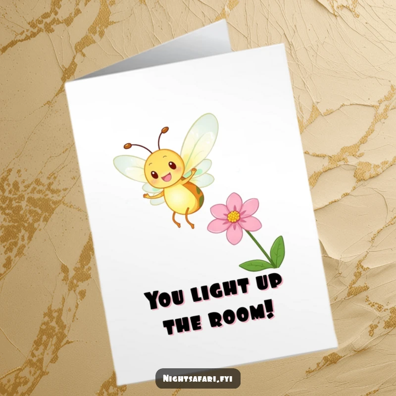 Funny Free Printable Congratulations Card: A delighted firefly with a glowing body dances near a flower, celebrating your success.