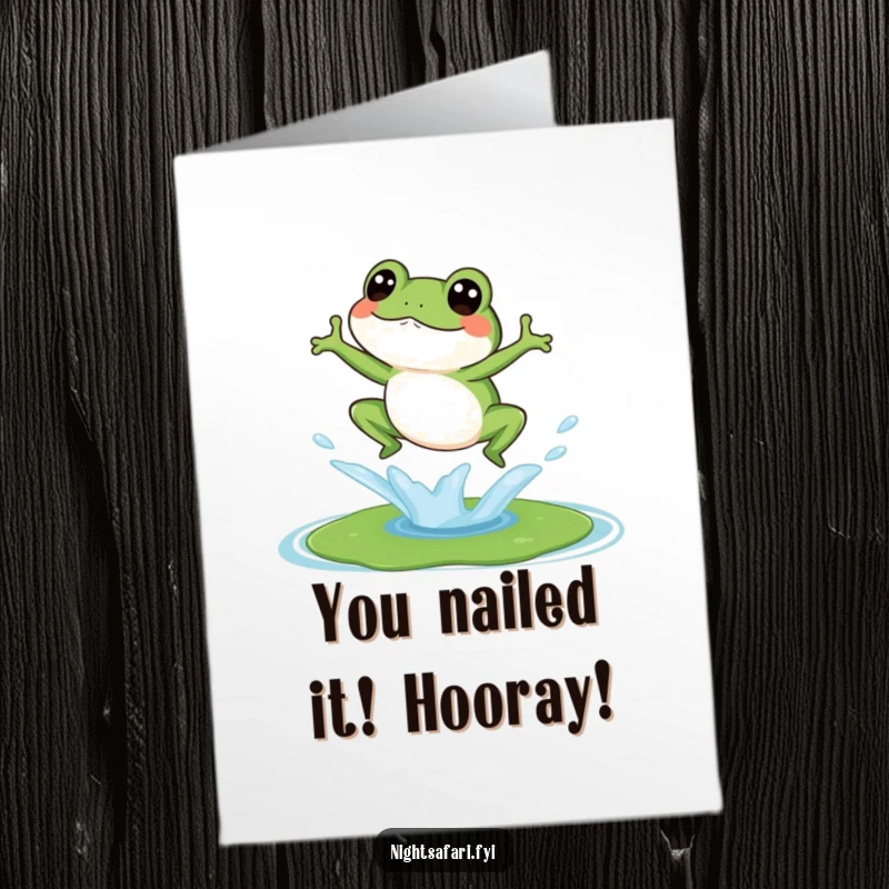 Funny Free Printable Congrats Card: A giggling frog triumphantly jumping onto a lily pad with a celebratory splash.