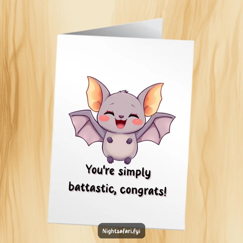 Funny Free Printable Congratulations Card: A delighted bat with glowing wings fluttering, celebrating success, ready to print at home.