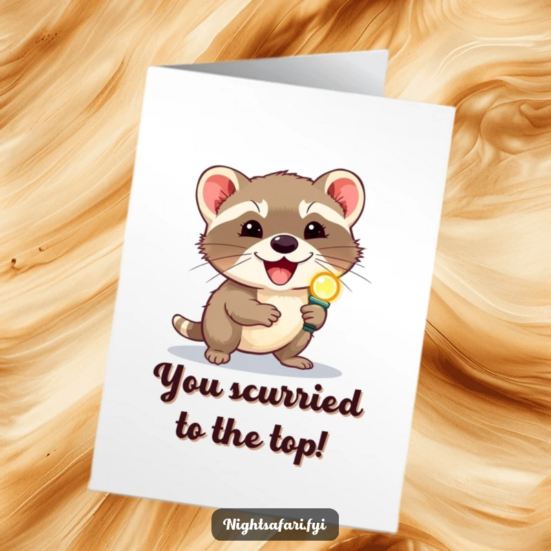 Free Printable Congratulations Card: A delighted civet with a headlamp, scurrying with excitement, a funny way to celebrate achievements.