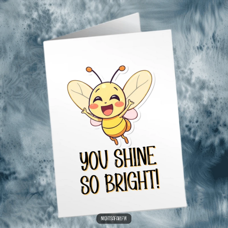 Funny Free Printable Congratulations Card: Excited firefly character glowing brightly with joy, celebrating success. Bright downloadable art.