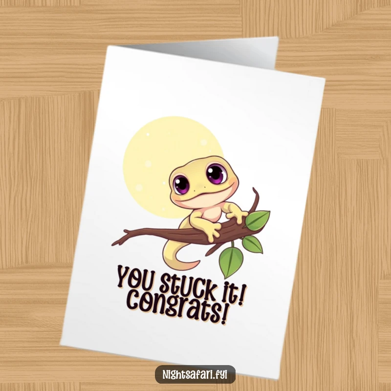 Funny Free Printable Congratulations card showing a cute gecko clinging to a moonlit branch, conveying heartfelt good wishes.